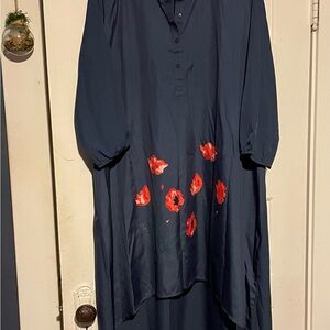 Elegant Navy Blue Dress with Red Floral Accents